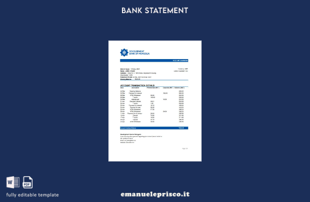 modello excel di estratto conto della Mongolia Development Bank of Mongolia in s